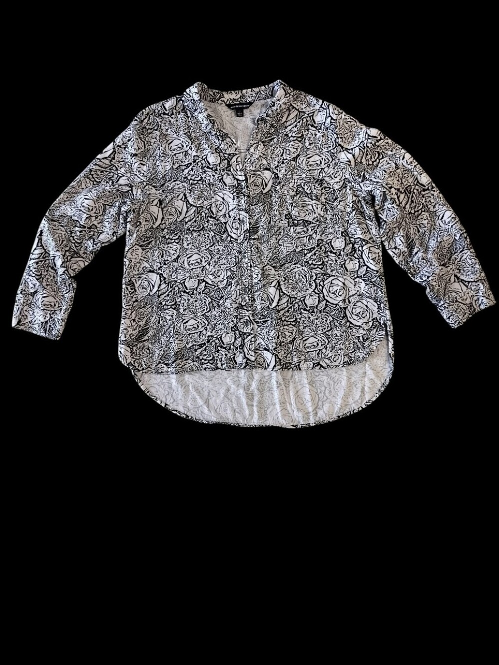 Women’s Black & White Floral Print Blouse High-Low Hem 3/4 Sleeve Top XL